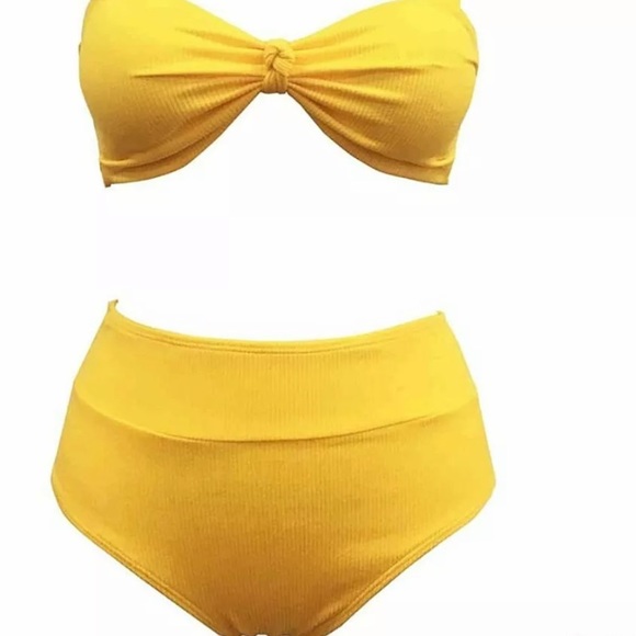 NWT [LARGEBERRY] Ribbed Tie Knot High Waisted Yellow Bikini Womens Medium - Picture 3 of 10
